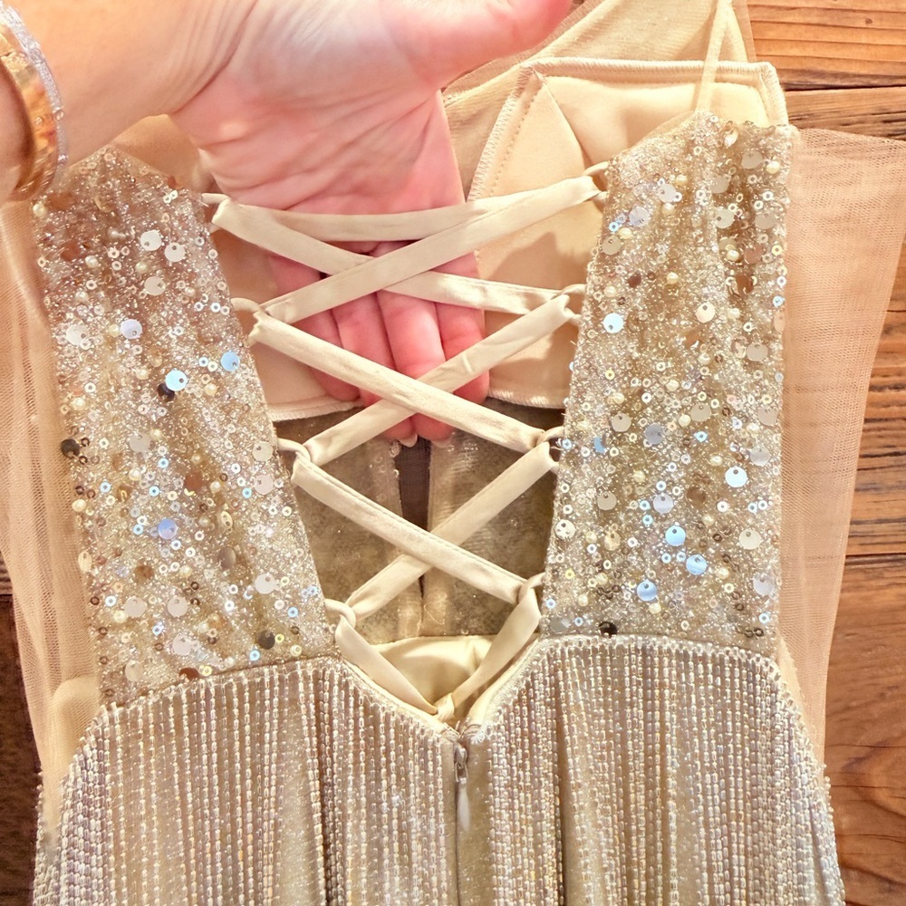 Jovani Gold Sequin Fringe Mini Tassle Dress with V-Neck *UNICORN* - Picture 12 of 17